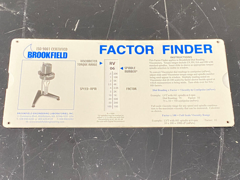 Brookfield RV & LV Viscometer, Factor Finder, Spindle Reference Card, ISO 9001