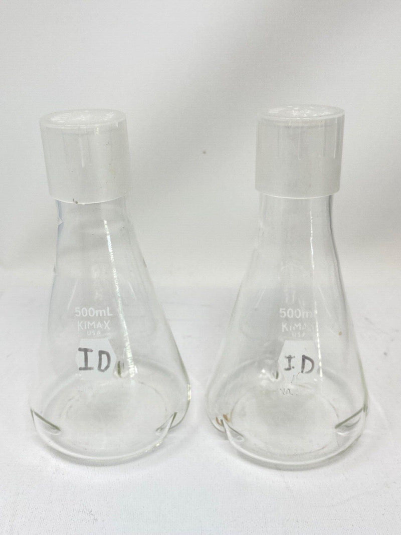 2X Kimble KIMAX 25630 Glass 500mL Wide Mouth Conical Erlenmeyer Lab Flasks + Cap