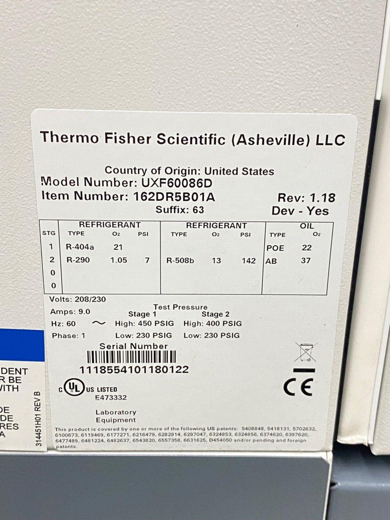 Thermo Fisher Scientific UXF60086D [-86°C] UltraLow Temperature -80C Lab Freezer