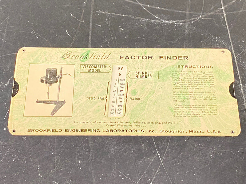 Brookfield RV & LV Viscometer, factor finder spindle reference card, vintage