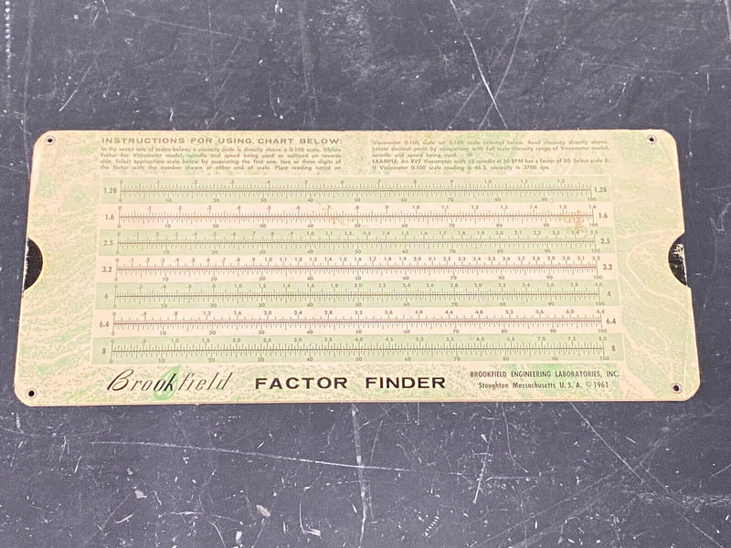 Brookfield RV & LV Viscometer, factor finder spindle reference card, vintage