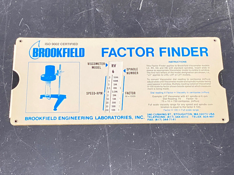 Brookfield RV & LV Viscometer, factor finder spindle reference card, ISO 9002