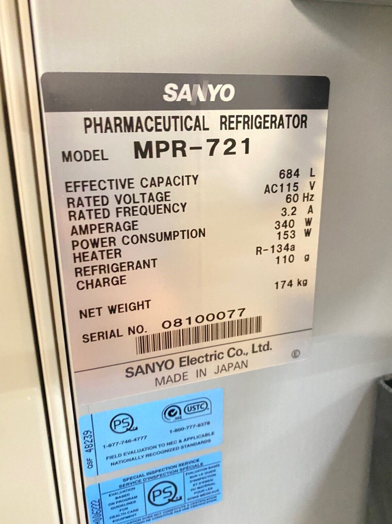 Sanyo MPR-721 Biomedical / Pharmaceutical Lab Refrigerator with Glass Door