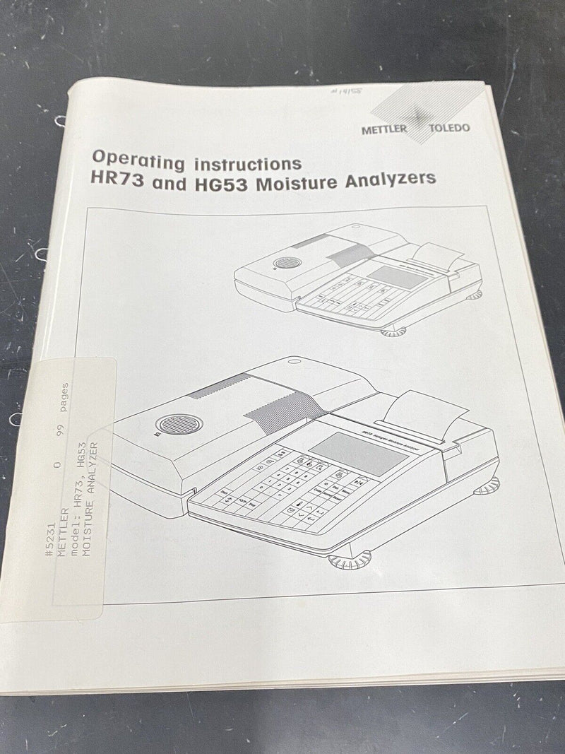 Mettler Toledo HR73 HG53 Moisture Analyzer - User Guide / Instructions Book
