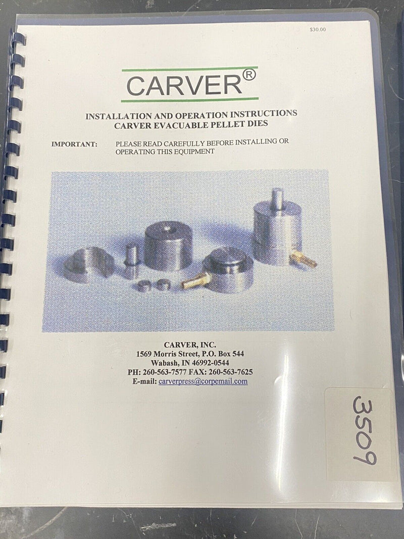 Carver Pellet Press & Dies - User Guide / Manual / Instructions Book