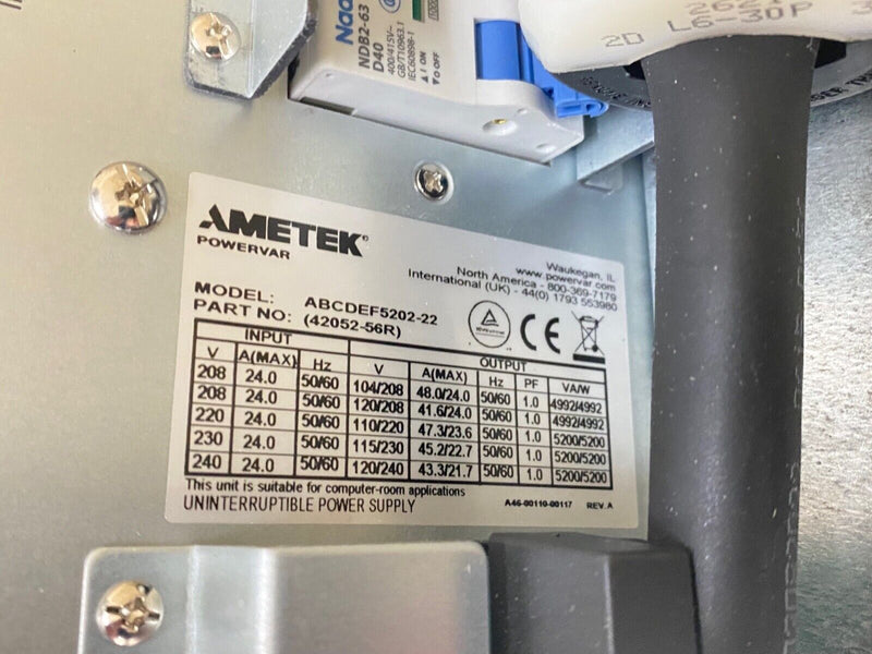 AMETEK Powervar ABCDEF5202-22 / 42052-56R Security Plus II UPS Power Supply
