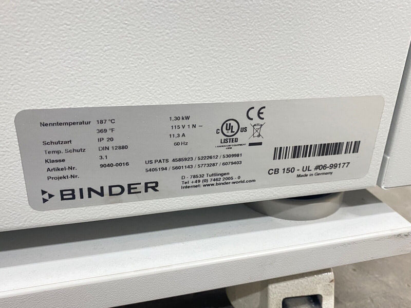BINDER 9040-0016 CB 150-UL 150L Hot Air Sterilization Dual Stacked CO2 Incubator